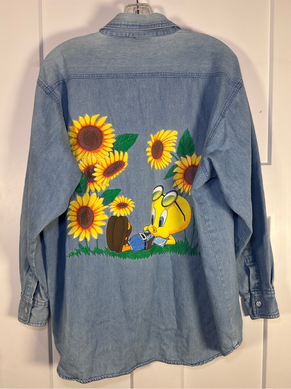 GarmentGraphics Activewear Denim Shirt Jacket with Sunflower & Tweety Graphic